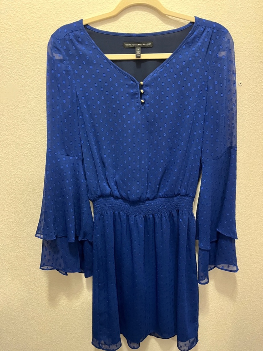 Like New White House Black Market Cobalt Blue Long Sleeve Tiered Bell Dress - Picture 5 of 10